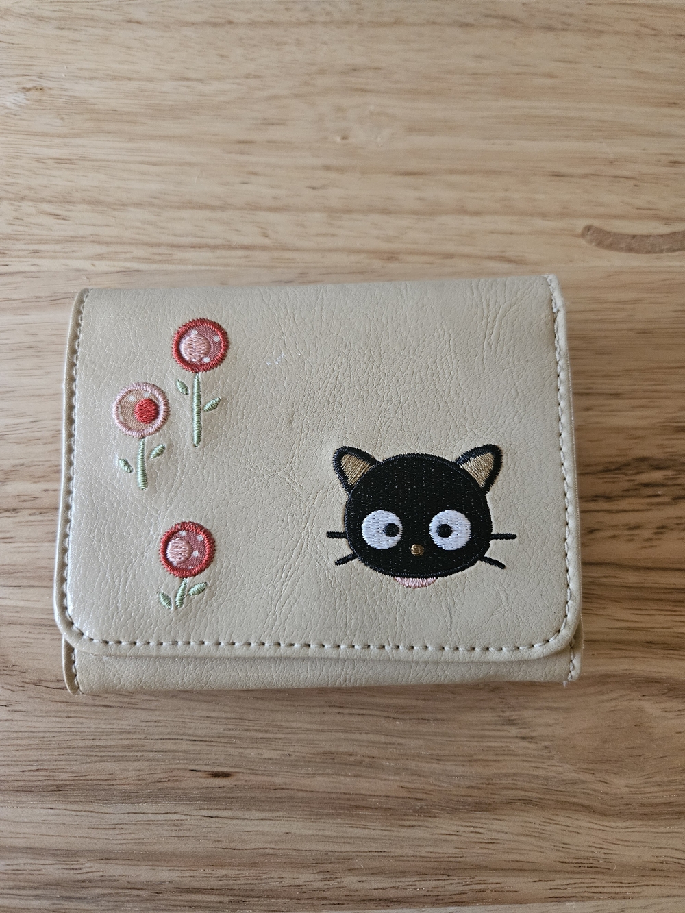 Sanrio Beige Wallet with Black Cat and Pink Flower Embroidery